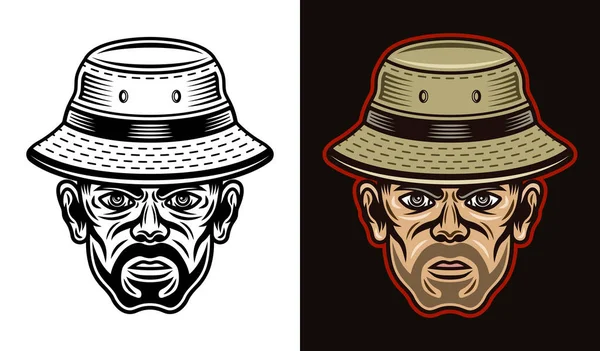 Fisherman in bucket hat with bristle. Vector character illustration in two styles black on white and colorful on dark background — Vetor de Stock