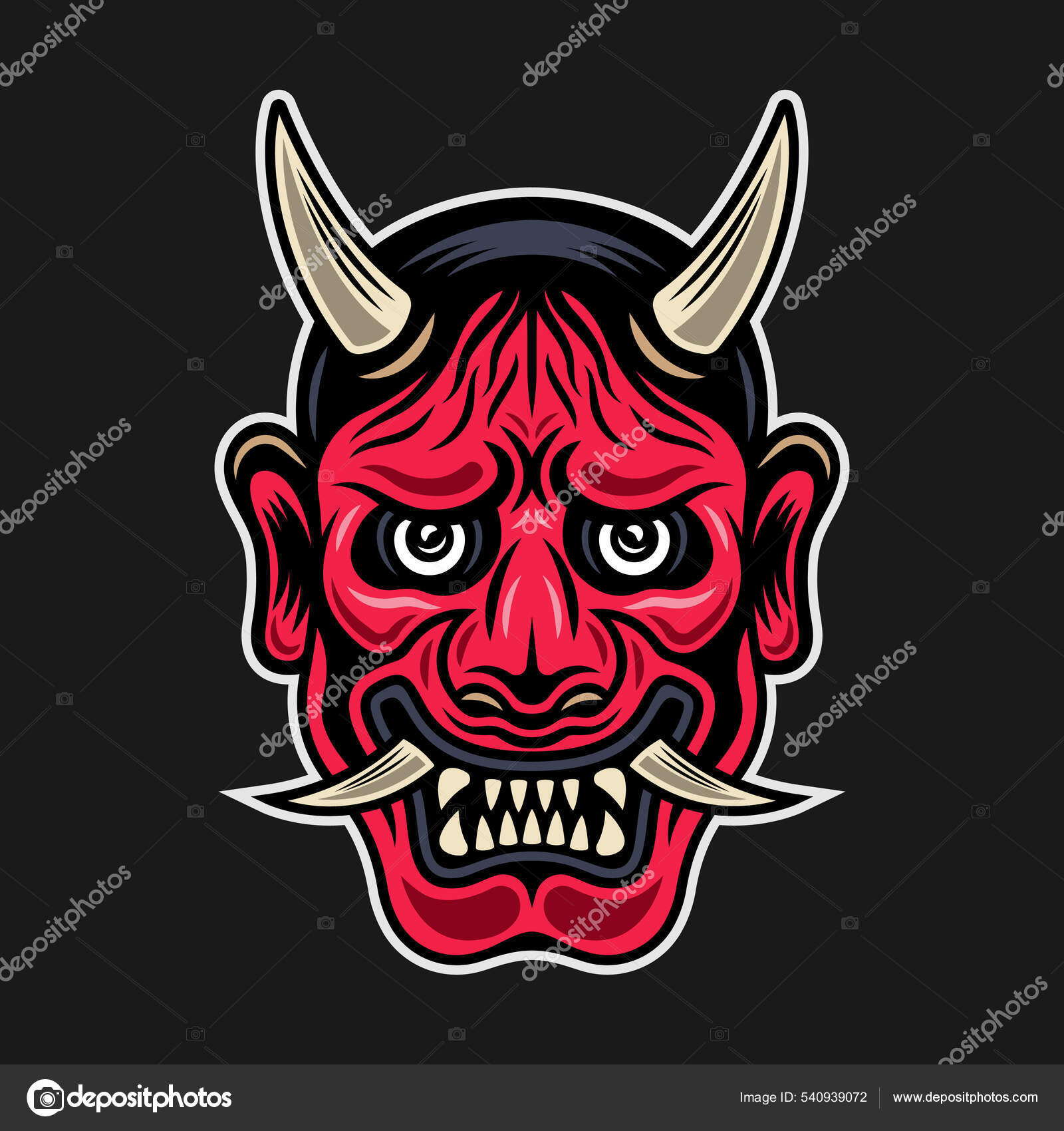 Hannya Japanese Theatre Mask With Horns, Demon Face Vector.