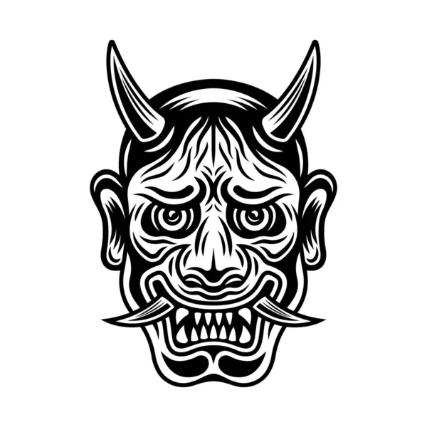 Hannya japanese theatre mask with horns, demon face vector illustration in vintage monochrome style isolated on white background — Vetor de Stock