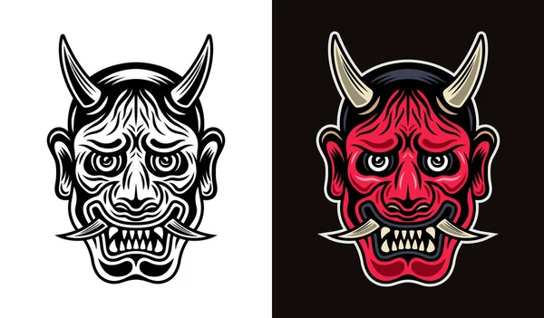 Hannya japonská divadelní maska s rohy, démon tvář vektor ilustrace ve dvou stylech monochromatické na bílém a barevné na tmavém pozadí — Stockový vektor