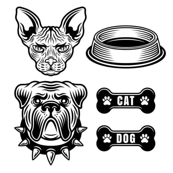 Cão e gato conjunto de animais de estimação objetos vetoriais ou elementos de design em estilo monocromático vintage isolado no fundo branco — Vetor de Stock