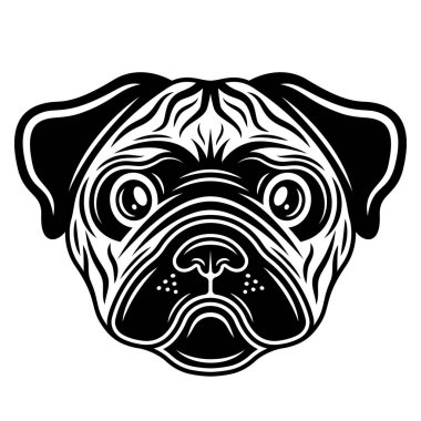 Pug köpek baş vektör illüstrasyonu beyaz arkaplanda izole edilmiş klasik monokrom biçimi