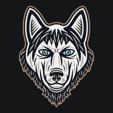 Husky köpek başı vektör renkli çizim koyu arkaplan üzerinde çizgi film tarzı