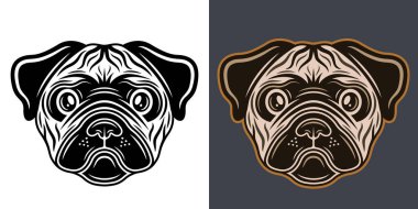 Pug dog baş vektörü iki biçim illüstrasyonu beyaz üzerine siyah ve koyu arkaplan üzerine renkli