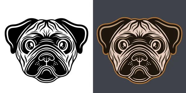 Pug cão cabeça vetor dois estilos ilustração preto no branco e colorido no fundo escuro — Vetor de Stock