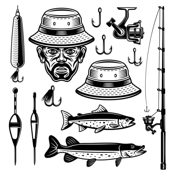 Juego de pesca de objetos vectoriales, elementos de diseño en estilo vintage monocromo aislado sobre fondo blanco. Cabeza de pescador en sombreros y equipos de pesca — Archivo Imágenes Vectoriales