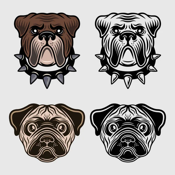 Dog cabeças conjunto de caracteres de objetos vetoriais em dois estilos coloridos e preto e branco. Coleção de animais, cachorro-cachorro e focinhos bulldog — Vetor de Stock