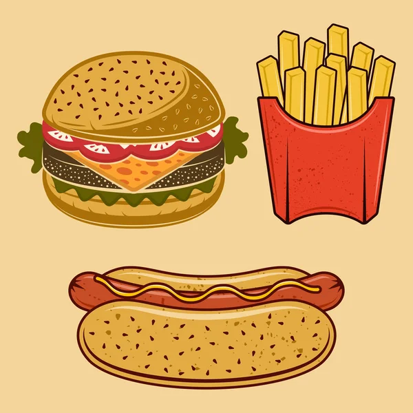 Sada rychlého občerstvení vektorových objektů nebo designových prvků, hranolky, burger a hot dog v barevném stylu — Stockový vektor