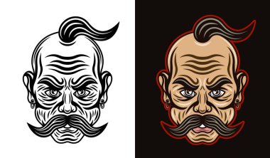 Bıyık vektör çizimine sahip Ukrayna Kazağı beyaz üzerine siyah ve koyu arkaplan üzerine renkli iki stilde