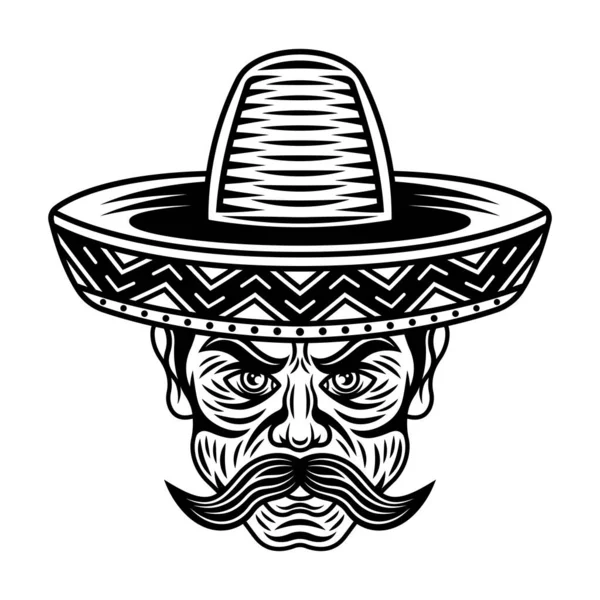 Mexican man head with mustache and in sombrero hat vector illustration in vintage black and white style isolated — Stock Vector