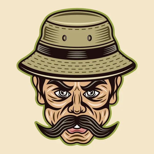 Pescador em chapéu de balde com bigode vetor personagem ilustração em estilo cartoon colorido isolado no fundo de luz — Vetor de Stock