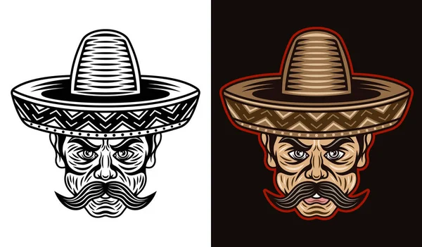 Mexican man head with mustache and in sombrero hat in two styles black on white and colored on dark background vector illustration — Stock Vector