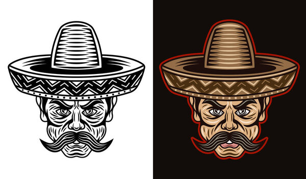 Mexican man head with mustache and in sombrero hat in two styles black on white and colored on dark background vector illustration