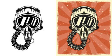 Pilot başlığı, havacı vektör illüstrasyonu beyaz ve grunge arkaplanındaki vintage renkler üzerine iki stil monokrom