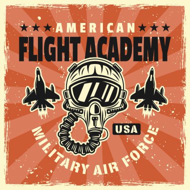 Uçuş akademisi vektör amblemi, rozet, etiket, logo ya da tişört baskısı. Arka planda çıkarılabilir grunge dokuları olan renkli eski tip pilot kasklı.