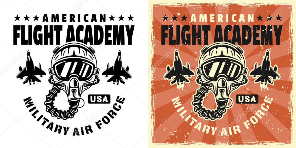 American flight academy vector emblem, badge, label, logo or t-shirt print with pilot helmet. Two styles monochrome and vintage colored with grunge textures