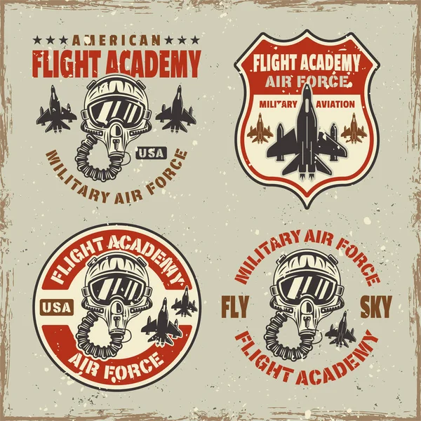 Flight academy set of vector emblems, badges, labels, logos in vintage style with grunge textures and scratches — 스톡 벡터