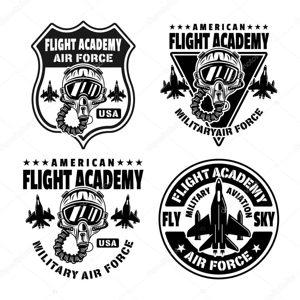 Military aviation set of vector emblems, badges, labels, logos in monochrome vintage style isolated on white background