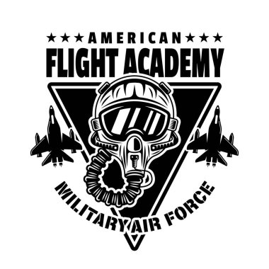 American flight academy vector emblem, badge, label, logo or t-shirt print with pilot helmet in monochrome vintage style isolated on white background