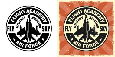 Uçuş Akademisi vektör amblemi, rozet, etiket, logo ya da tişört izi. İki stil monokrom ve çıkarılabilir grunge dokularla renklendirilmiş vintage.