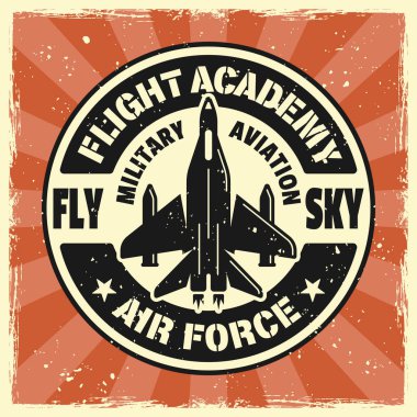 Avcı uçağı, uçuş akademisi vektör yuvarlak amblemi, rozet, etiket, logo ya da tişört baskısı. Arka planda çıkarılabilir grunge dokuları var.