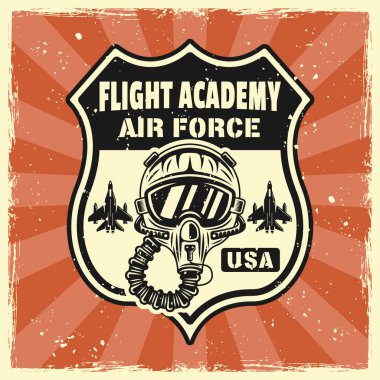 Uçuş akademisi vektör amblemi, rozet, etiket, logo ya da tişört baskısı. Arka planda çıkarılabilir grunge dokuları olan renkli eski tip pilot kasklı.