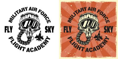 Amerikan uçuş akademisi vektör amblemi, rozet, etiket, logo ya da pilot kasklı tişört baskısı. İki stil monokrom ve çıkarılabilir grunge dokularla renklendirilmiş vintage.