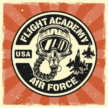 Askeri havacılık, uçuş akademisi vektör amblemi, rozet, etiket, logo ya da tişört baskısı. Arka planda çıkarılabilir grunge dokuları olan renkli eski tip pilot kasklı.