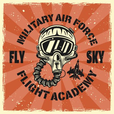 Flight academy vector round emblem, badge, label, logo or t-shirt print with pilot helmet in colored vintage style on background with removable grunge textures