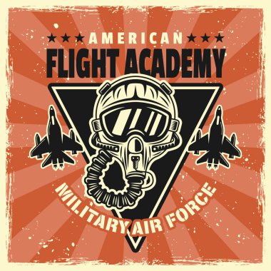 Uçuş akademisi vektör amblemi, rozet, etiket, logo ya da tişört baskısı. Arka planda çıkarılabilir grunge dokuları olan renkli eski tip pilot kasklı.