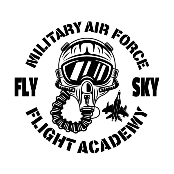 Amerikan uçuş akademisi vektör amblemi, rozet, etiket, logo ya da tişört baskısı. Beyaz arkaplanda monokrom vintage tarzında pilot kaskı var.