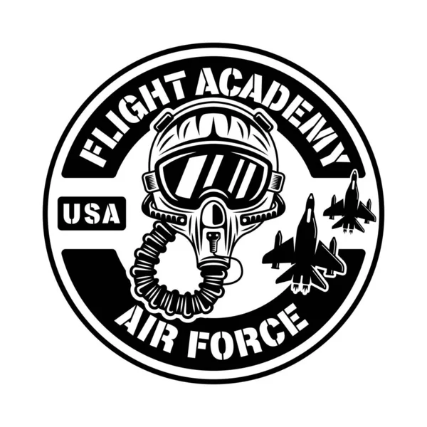 Flight Academy Vektor rundes Emblem, Abzeichen, Etikett, Logo oder T-Shirt Print mit Pilotenhelm im monochromen Vintage-Stil isoliert auf weißem Hintergrund — Stockvektor