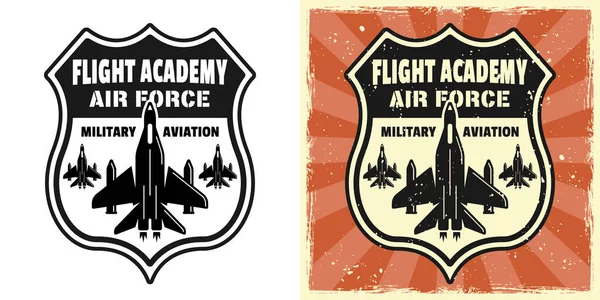 stock vector Military aviation, flight academy vector emblem, badge, label, logo or t-shirt print. Two styles monochrome and vintage colored with removable grunge textures