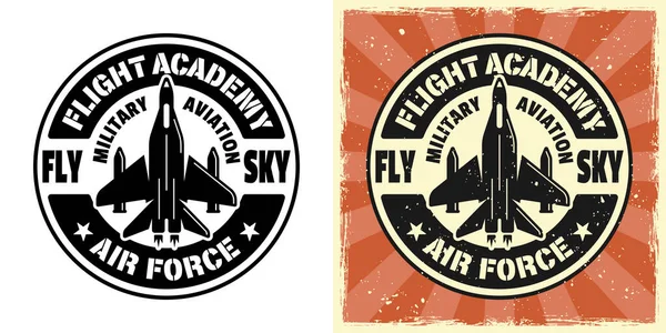 Uçuş Akademisi vektör amblemi, rozet, etiket, logo ya da tişört izi. İki stil monokrom ve çıkarılabilir grunge dokularla renklendirilmiş vintage.