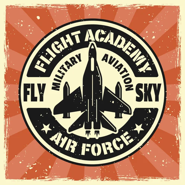 Avcı uçağı, uçuş akademisi vektör yuvarlak amblemi, rozet, etiket, logo ya da tişört baskısı. Arka planda çıkarılabilir grunge dokuları var.