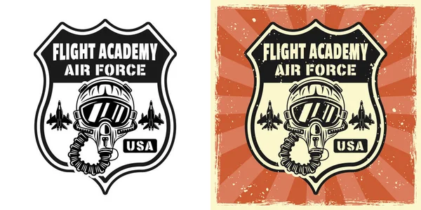 Αμερικανική ακαδημία πτήσης διάνυσμα έμβλημα, σήμα, ετικέτα, λογότυπο ή t-shirt εκτύπωσης με πιλοτικό κράνος. Δύο στυλ μονόχρωμο και vintage χρωματισμένο με αφαιρούμενες υφές grunge — Διανυσματικό Αρχείο