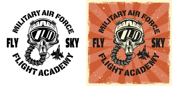 Amerikan uçuş akademisi vektör amblemi, rozet, etiket, logo ya da pilot kasklı tişört baskısı. İki stil monokrom ve çıkarılabilir grunge dokularla renklendirilmiş vintage.