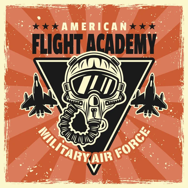 Uçuş akademisi vektör amblemi, rozet, etiket, logo ya da tişört baskısı. Arka planda çıkarılabilir grunge dokuları olan renkli eski tip pilot kasklı.