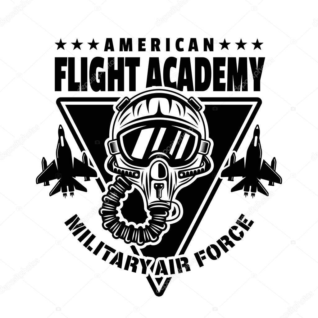 American flight academy vector emblem, badge, label, logo or t-shirt print with pilot helmet in monochrome vintage style isolated on white
