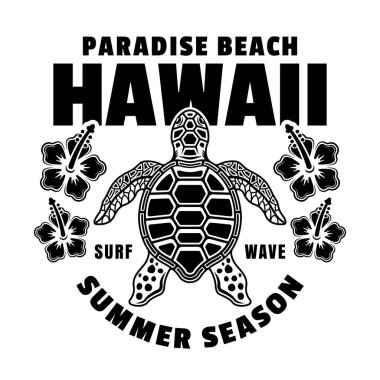 Hawaii Paradise plaj taşıyıcı amblemi, etiket, rozet ya da kaplumbağa manzaralı logo. Beyaz üzerine izole edilmiş monokrom biçiminde resimleme