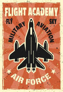 Askeri havacılık uçuş akademisi klasik afişi. Avcı uçağı, başlık, örnek metin ve dokularla katmanlı vektör çizimi