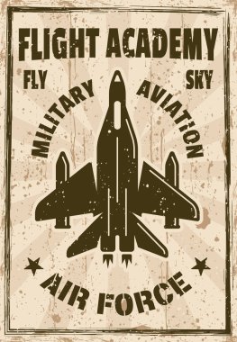 Uçuş akademisi vektör posteri ya da afişi klasik tarzda ve grunge desenli savaş uçakları.