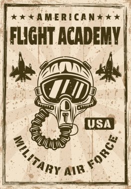 Pilot kasklı uçuş akademisi vektör posteri. Eski tarz ve dokularla illüstrasyon