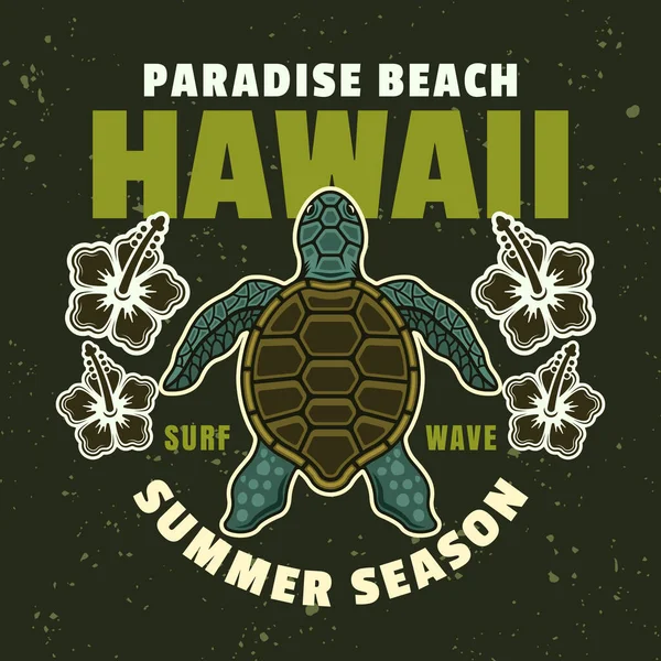 夏威夷天堂海滩矢量古老的标志 徽章或标志与海龟 深绿色背景的彩色插图 — 图库矢量图片