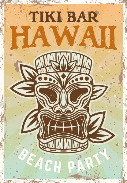 Tiki Kop Gekleurde Vintage Poster Met Traditionele Hawaïaanse Tribal Houten — Stockvector
