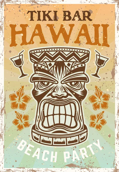 Hawaiianischer Tiki Kopf Farbiges Vintage Poster Mit Traditioneller Stammesmaske Aus — Stockvektor