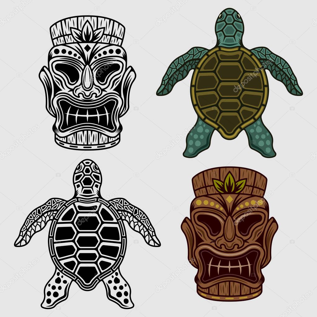 Cabeza Tiki Tortuga Marina Hawaiano Conjunto Objetos Vectoriales Dos  Estilos Vector de stock por ©Flat_Enot 573890190, image size:1024x1024