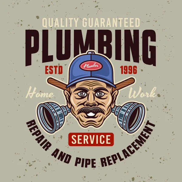 Plumbing Service Vector Vintage Emblem Label Badge Logo Worker Head — 图库矢量图片