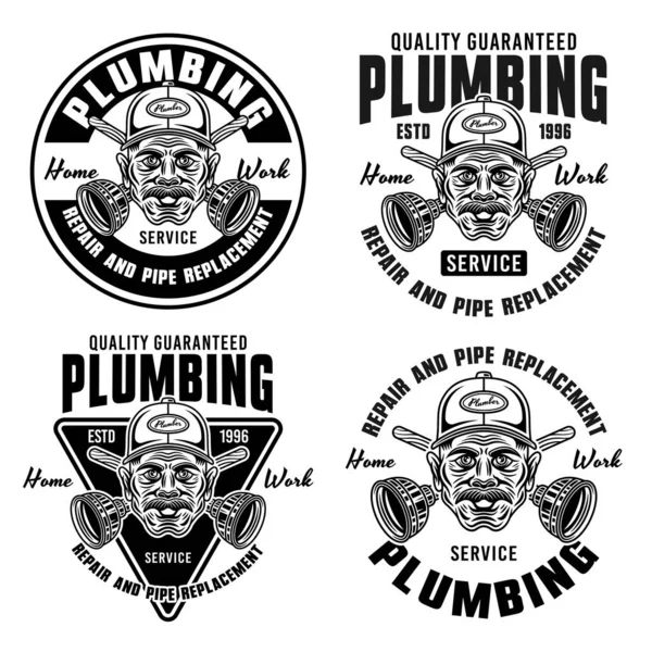 Plumbing Service Pipe Replacement Set Vector Vintage Emblems Labels Badges — Stok Vektör