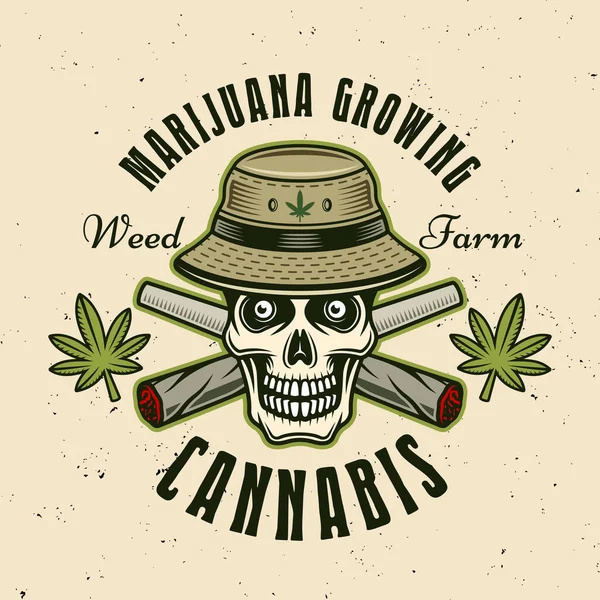 Marijuana Growing Farm Vector Emblem Badge Label Logo Skull Bucket — Stockvektor